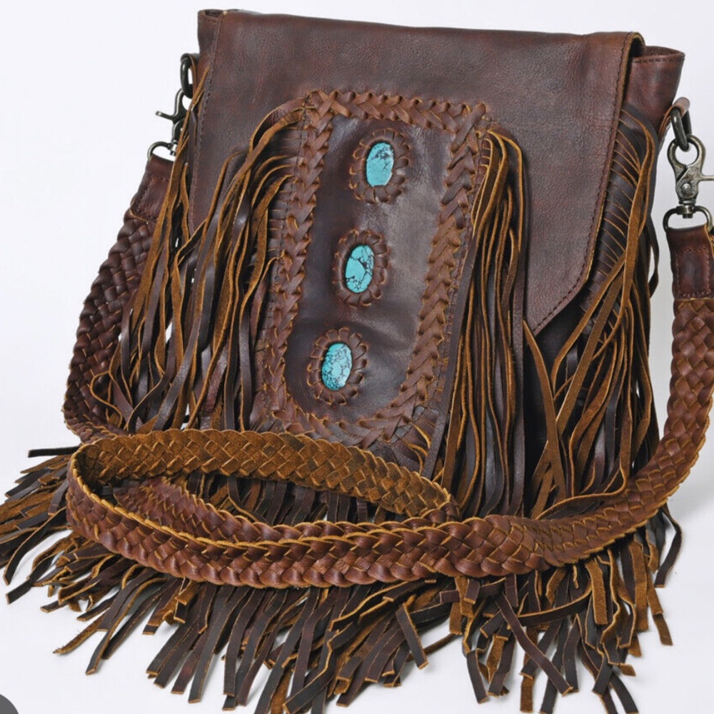 American darling, dark brown leather Crossbody with turquoise stones